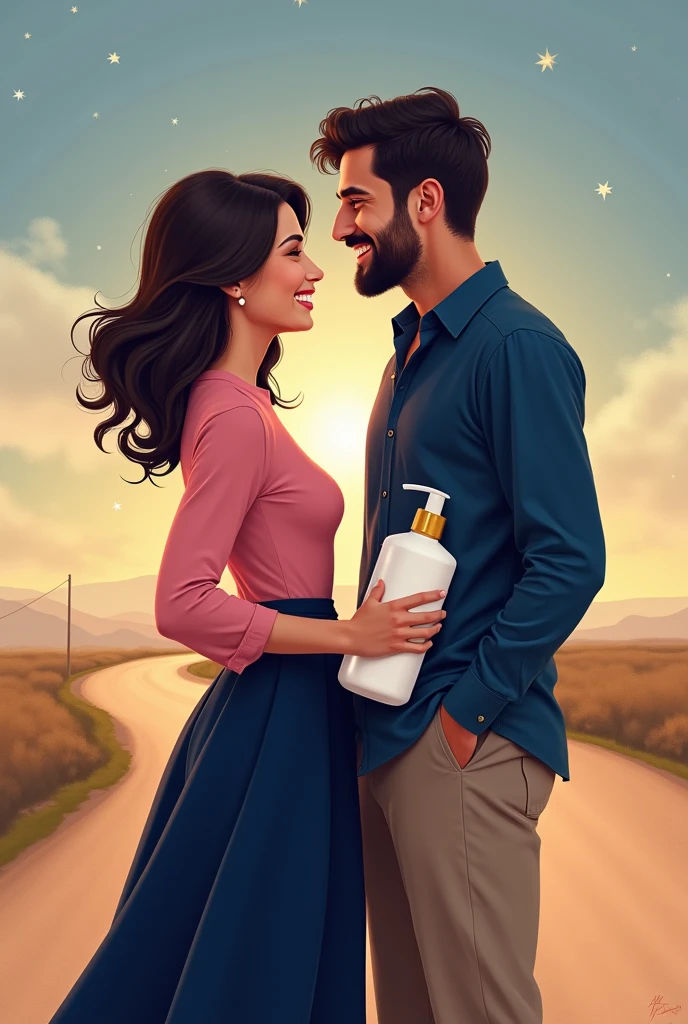 A real life beautiful Lebanese woman on a beautiful long sleeve pink shirt and navy blue long skirt with her American blood brother on a navy blue attire and chinos, smiling on a long road alone, holding a large skin care lotion bottle in one hand, staring afar distance without any body contact, smiling and happy, with a subtle background of stars or a compass, symbolizing their journey together being guided by destiny.

With a caption of: I Write Books on Skincare, Relationship and Destiny.