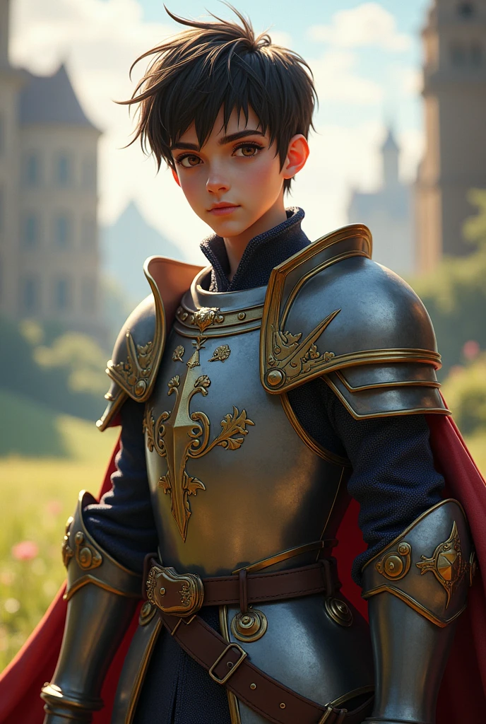  a cute prince with short black hair ready to fight dresssed in a knight suit