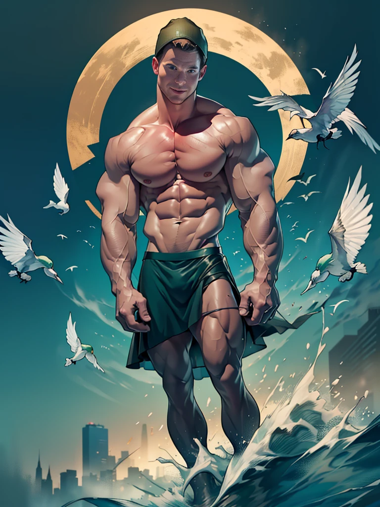 dark blue  background，white mist，A handsome tall man (((Stephen AMELL))) floating in the night,He is 2，Thin waistwith a bulge，The pectoral muscles are well developed, He is 175cm tall，Weight 72 kg、blue-green eyes、brown hair color、short hair、Toplesuscle，The body is slightly covered with transparent dark green  gauze，You can see the body underneath， Countless birds flying in the sky，underwear，Black feather，looking TO THE VIEWER，smiling ，