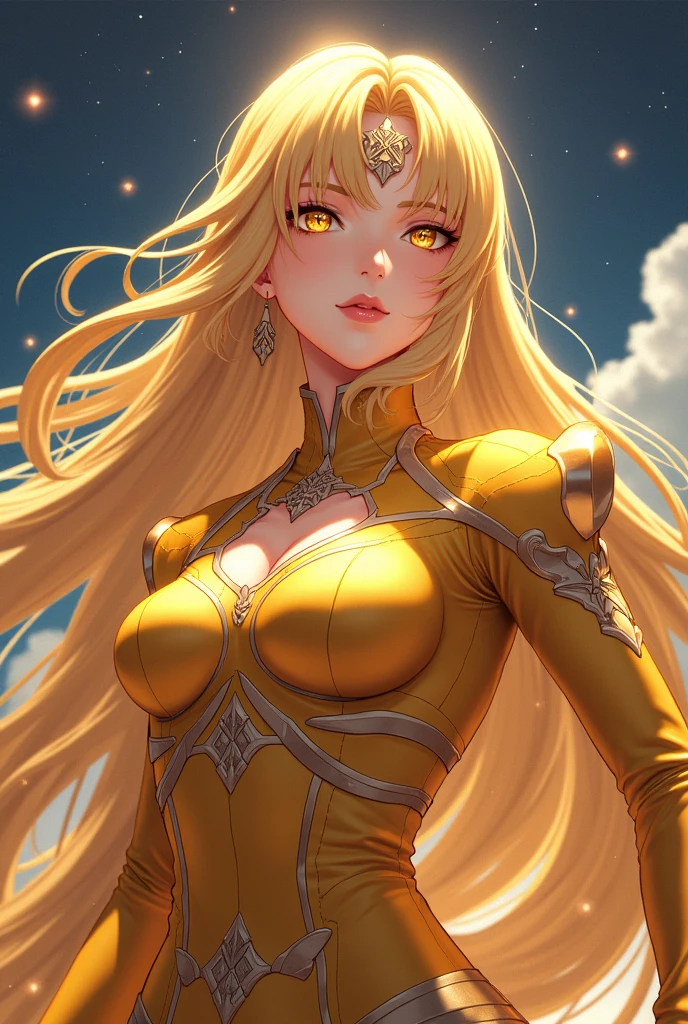 (yellow phantylia),
(masterpiece, best quality, ultra-detailed), (beautiful detailed face, beautiful detailed eyes, volumetric lighting),
1girl, solo, cowboy shot, 
evil smile, hand on own cheek, 
blonde hair, very long hair, blue eyes, yellow dress, 
(beautiful detailed background:1.2), (light particles, lens flare, chromatic aberration:1.3),