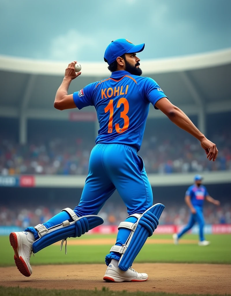 Cricket player Virat Kohli in blue jersey with INDIA written on the back and white sneakers pitching from behind，drop shadow, anaglyph, stereogram, tachi-e, ass pov, atmospheric perspective, 8k, super detail, best quality