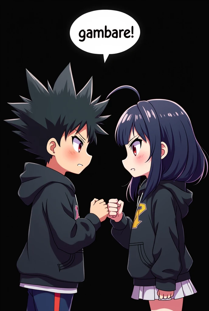 A boy ((( Anime boy , Spiky hair , black hair , black hoodie , blood red eyes , narrowed eye
))) , A girl ((( Anime girl , dark blue hair , modern day mullet hair style , black hoodie , red eyes , almond eye
))) , fist bump , siblings , chibi , black background , "gambare" in bubble text