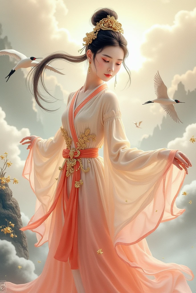 A beautiful dancer in ancient China,delicate lines,gorgeous costumes in ancient China,delicate and vivid,shy face,willow leaf eyebrows,personality depiction,coiled hair,gold leaf,flowing clouds,watercolor,crane surrounding,ink painting,gentle eyes,meticulous, color scheme,exquisite clothing patterns,by Gu, Kaizhi,Zhang Xuan,professional color grading,realistic style,soft shadows,clean and sharp focus,Flim photography,Panoramic View,32K --v 6