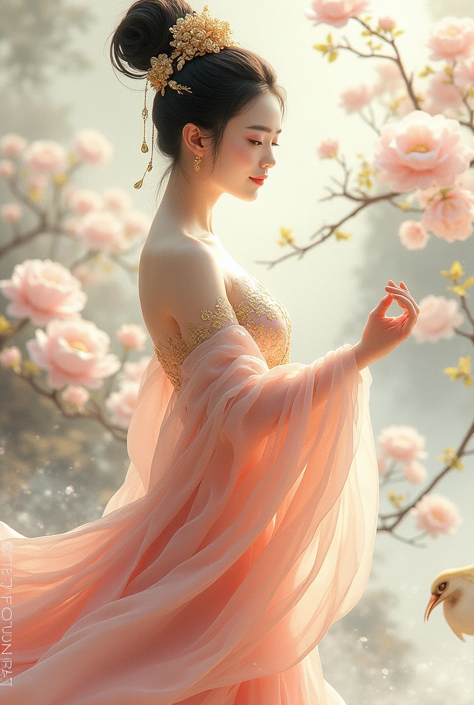 A beautiful dancer in ancient China,delicate lines,gorgeous costumes in ancient China,delicate and vivid,shy face,willow leaf eyebrows,personality depiction,coiled hair,gold leaf,flowing clouds,watercolor,crane surrounding,ink painting,gentle eyes,meticulous, color scheme,exquisite clothing patterns,by Gu, Kaizhi,Zhang Xuan,professional color grading,realistic style,soft shadows,clean and sharp focus,Flim photography,Panoramic View,32K --v 6