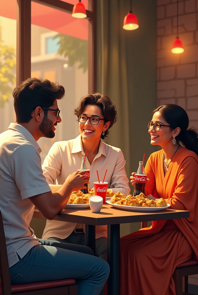 2 mens and 2 womens meet in a restaurant and eat momos and chili potatoes and drink coca cola, the men is wearing a white shirt and jeans and white shoes and the women is wearing a white Indian suit, white suit girl wearing spec