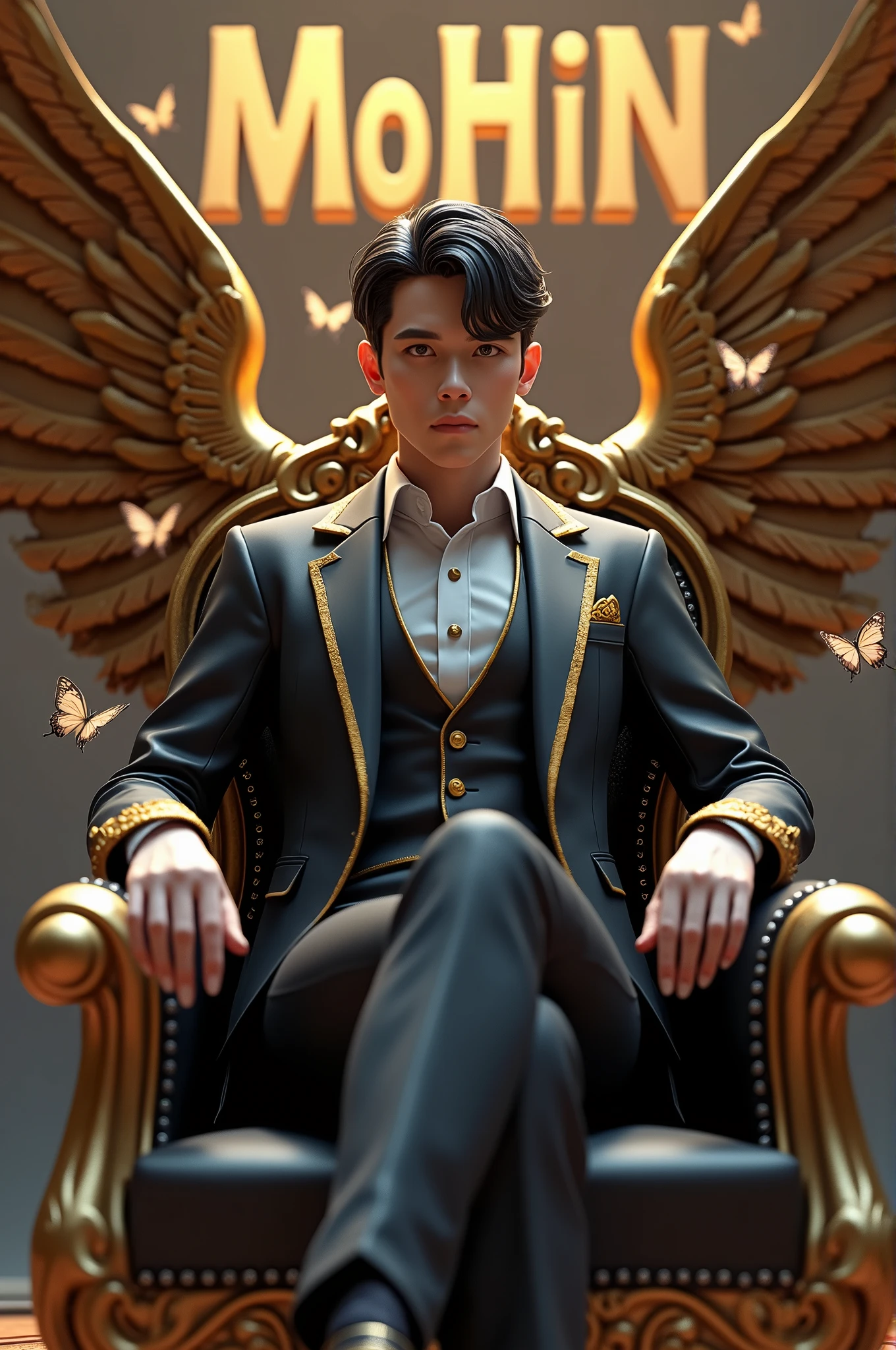 Create a 3D version of a male character sitting on a throne-like chair with golden wings. The character should have a detailed and realistic 3D appearance, wearing a stylish outfit tailored for a male, with short hair. The text in the background should be 'MoHiN' in a 3D style, similar to the previous text. Include butterflies around and maintain a regal, elegant vibe, with depth and shading that highlights the 3D effect.