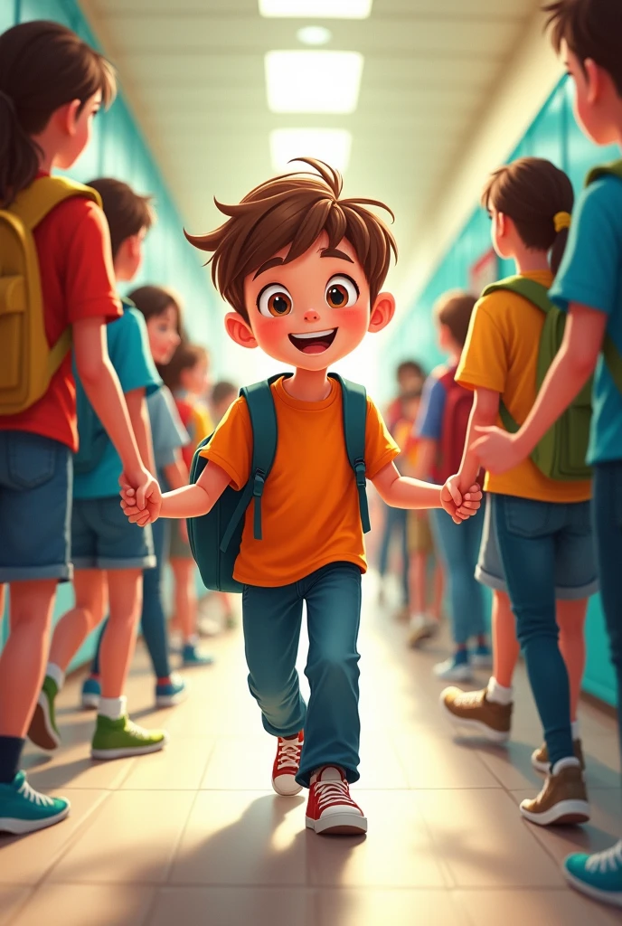 (Wide Panel)
The boy, bright-eyed and smiling, is walking through the bustling school hallway. Students greet him warmly, and he returns their greetings with enthusiasm.