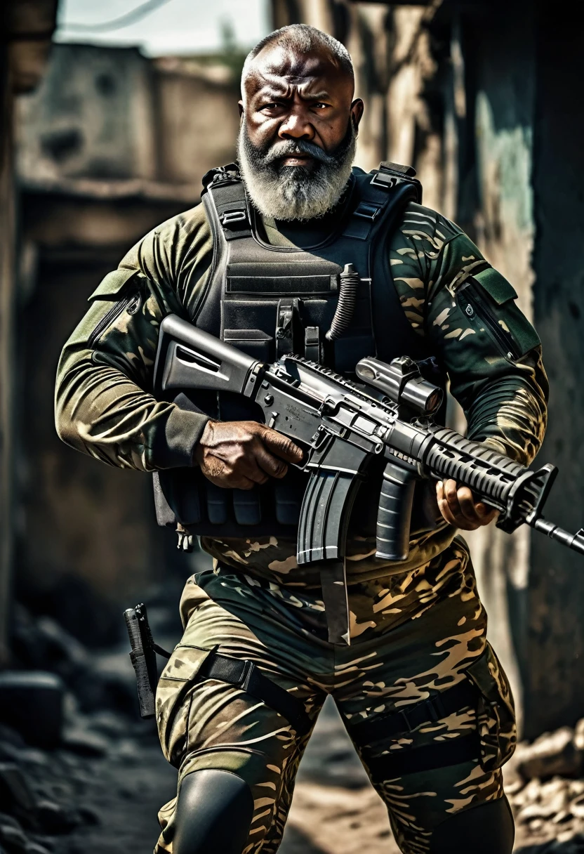 (a dark-skinned fat muscular bearded old man in a skintight army camouflage zipper diver suit) carrying an AK-47, dynamic action pose, fierce expression, showcasing an imposing stature, surrounded by military elements, dramatic shadows and intense highlights, cinematic color tones, high detail, powerful, Basuki Abdullah, sumatraism, ultra-detailed, best quality image, action-packed atmosphere. 