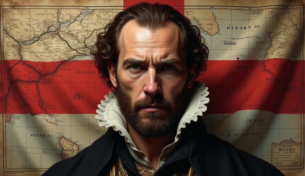 A determined portrait of Sir Walter Raleigh, with a map of Roanoke Island and an overlay of the English flag, symbolizing his resolve to establish a colony.