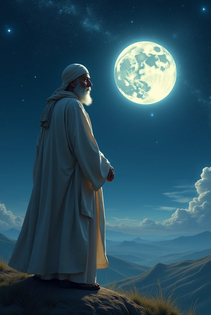 a muslim holy adult man standing hill and see Night shiny Galaxy in Clear moon