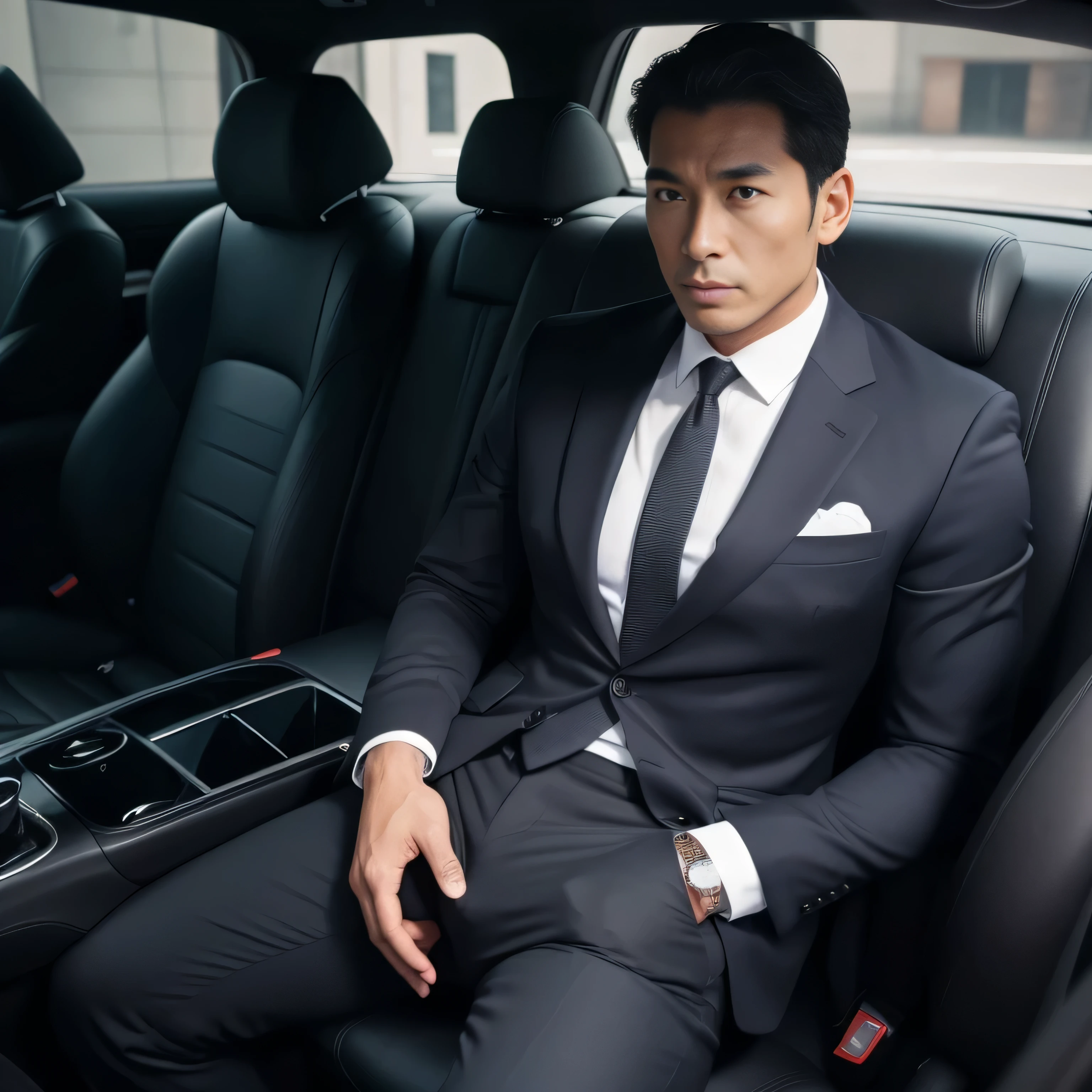 Elegant man sitting in the seat of a supercar, young man, Wearing a suit with the crotch showing his cock draped upwards., Realistic picture, Dark hair, no beard, handsome Korean man , 16k resolution. , high quality