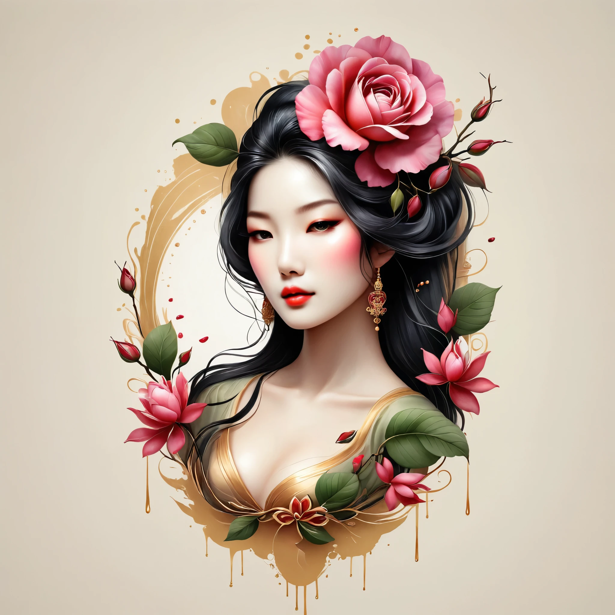 modern minimalist art，（Close-up of Chinese woman with rose tattoo on neck）,This woman has a beautiful and delicate face with long black hair.，（Detailed orchid tattoo pattern on neck：1.3），Illustrates??the one with the flowing hair，fair face， Scrawny, gorgeous eyes， elegant digital art, beautiful digital illustrations, beautiful character painting, with soft paint splashes, with some slightly dripping drops, with a high wealth of delicate details