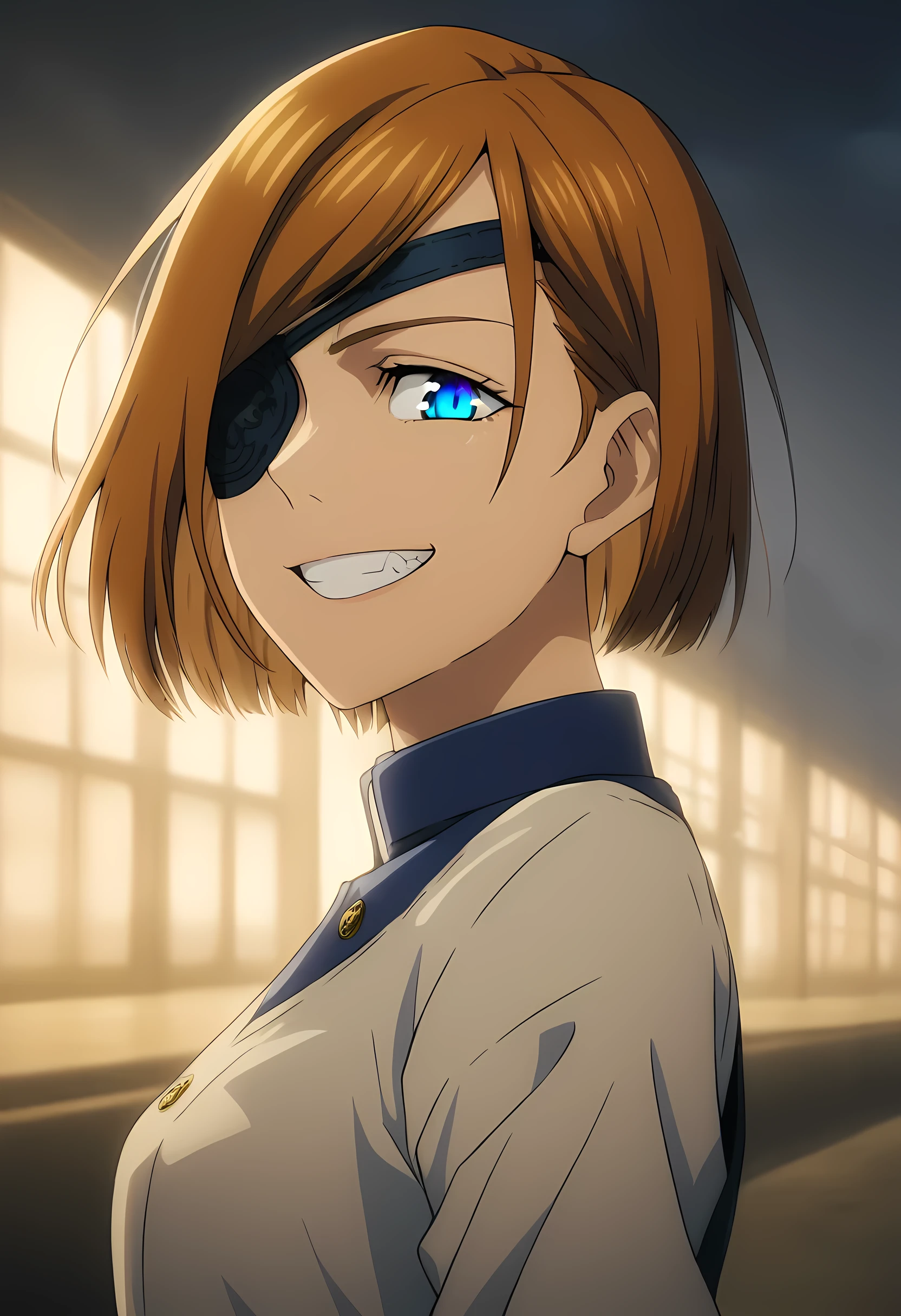 Nobara, 1girl,solo,looking at viewer,smile,short hair,bangs,brown hair, grin, eyepatch, dark, looking to the side, glowing blue eye