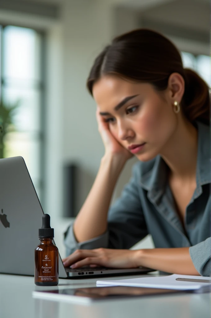 A working professional is seen at her desk with her laptop open. In the foreground, the serum is placed next to her workspace, suggesting an easy addition to her routine.