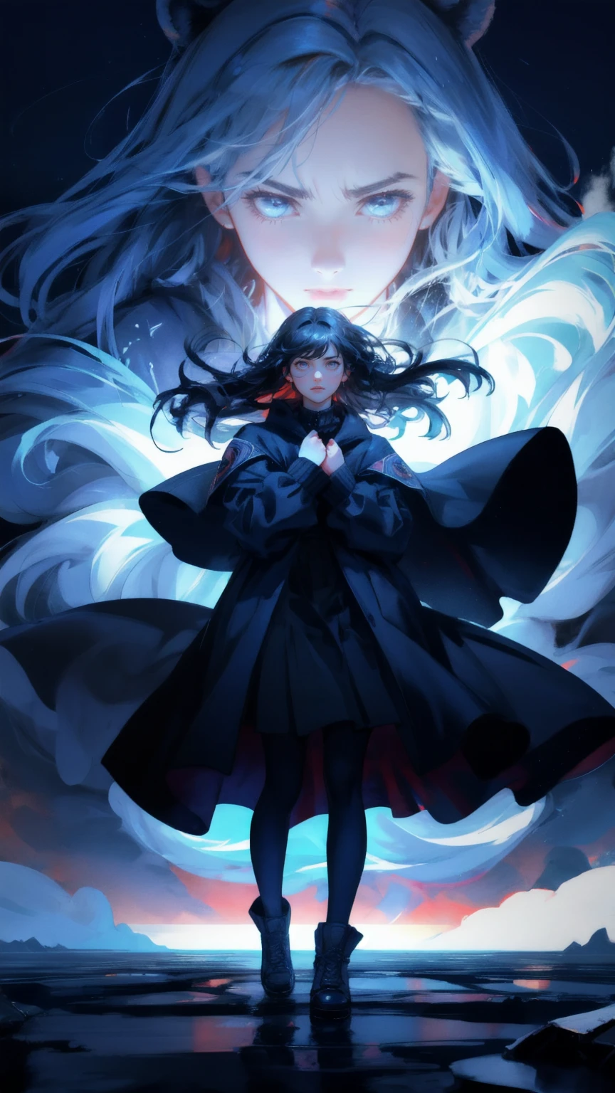 A terrified woman stands in the middle of a stormy, dark blue sky, her face reflecting panic and fear. Surrounding her are large, menacing bears and giant hands reaching out to snatch Bitcoins floating around her. The Bitcoin charts in the background are shown in red, plummeting downwards. The words "Weak Hands Shakeout" are subtly incorporated into the background clouds, adding to the intense atmosphere.