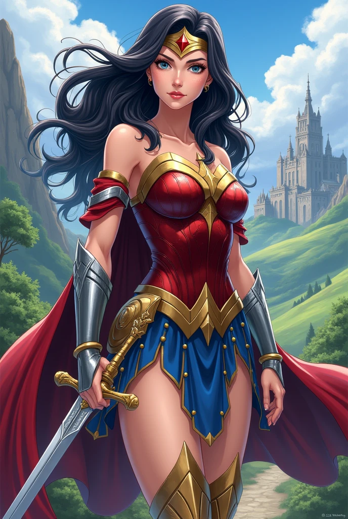 Diana Price (wonderwomam) with medieval clothing different from her usual clothes being an anime paladin in an isekai world