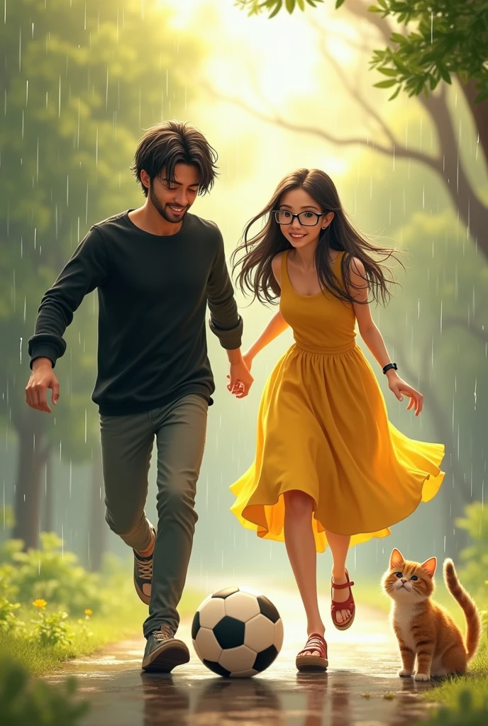 A couple, long sleeve black shirt , long hair and low beard boy And A girl who is yellow dressed,head bend,wristband and wear eye glasses, and some cat are enjoying rain and playing football together 