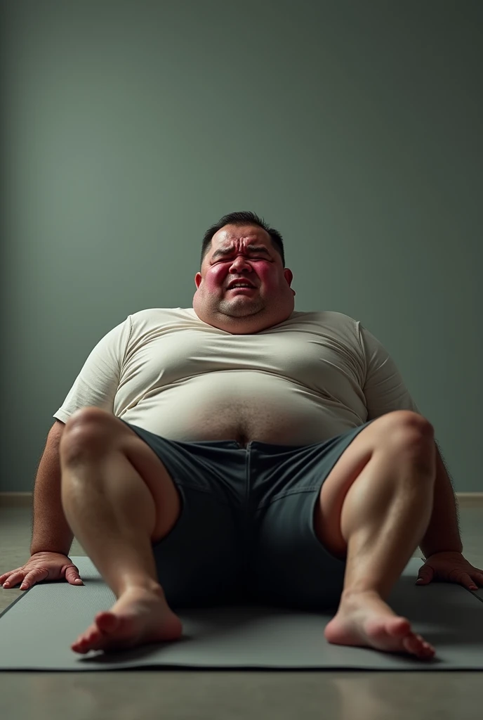 Generate a picture of an obese man who is failing and struggling doing sit up with and failure face expression