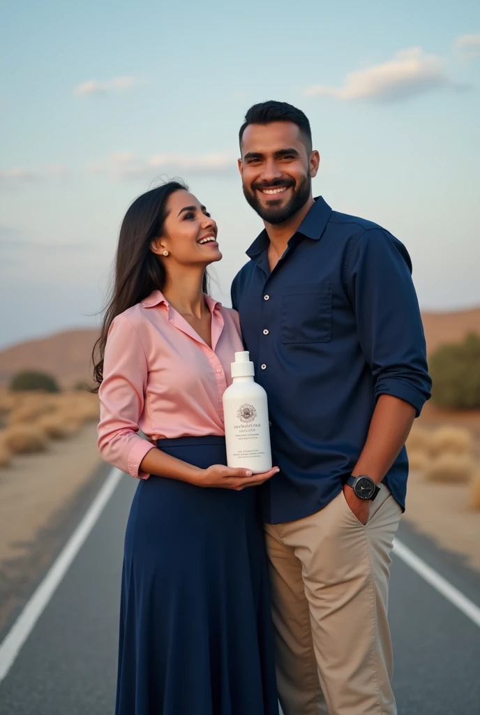 A real life beautiful Lebanese woman on a beautiful long sleeve pink shirt and navy blue long skirt with her American blood brother on a navy blue attire and chinos, smiling on a long road alone, holding a large skin care lotion bottle in one hand, staring at a long distance without any body contact, smiling and happy, with a subtle background of stars or a compass, symbolizing their journey together being guided by destiny.
With a caption of: I Write Books on Skincare, Relationship and Destiny.