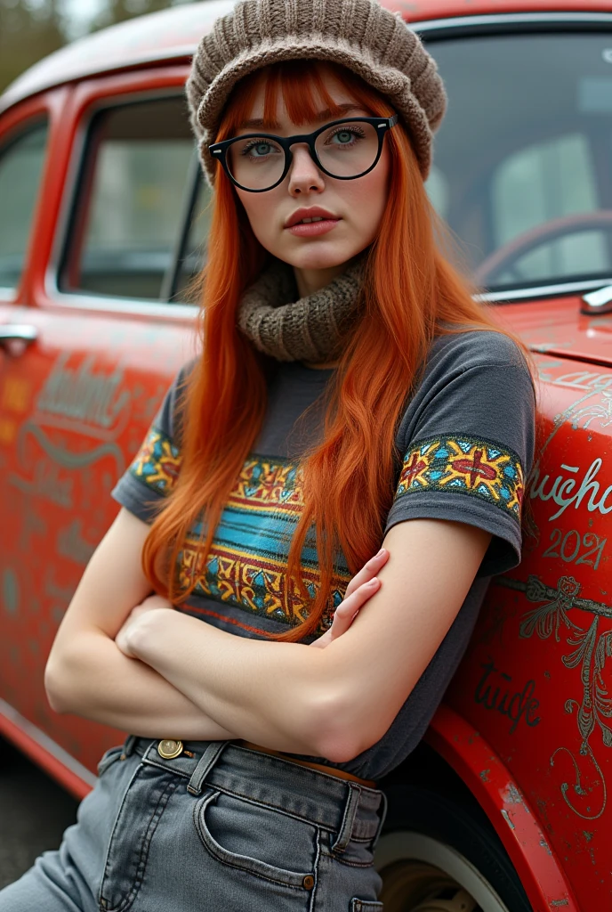 Portrait of a 20 year old Russian woman with long, straight red hair,wearing glasses and watches, wearing a colorful patterned t-shirt and gray jeans, and wear a knitted hat, wearing a scarf around the neck ,was leaning on a red luxury and antique car vehicle as well,and the car was intricately patterned with writing in paint ,