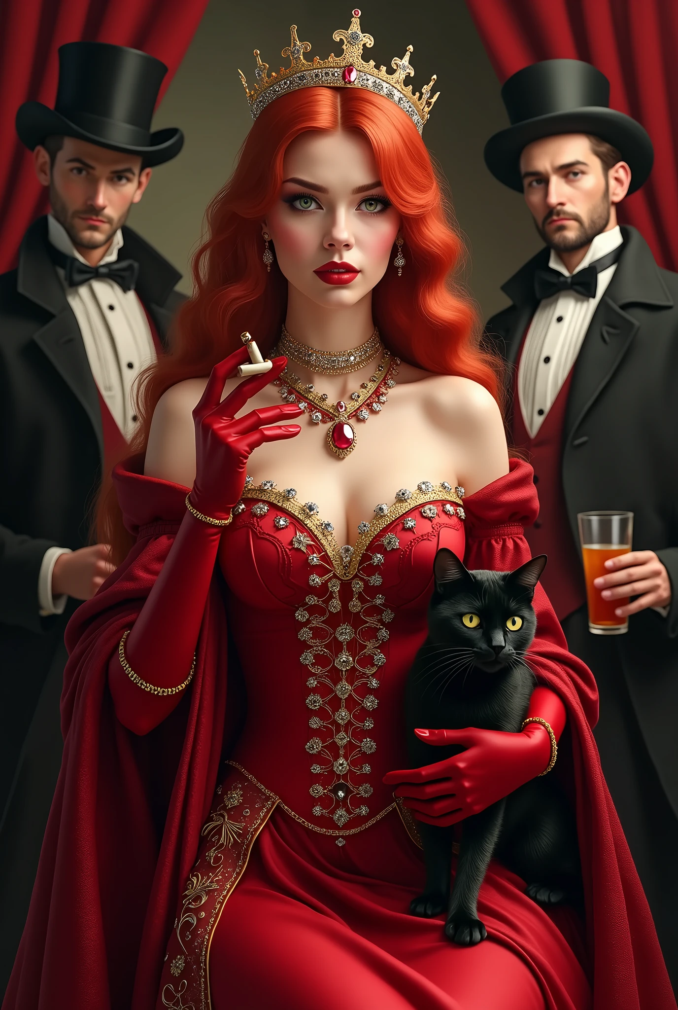 Uma mulher madura de 40 anos, olhos verdes de pele clara, cabelos vermelhos longos, borda da cintura;, with a gold crown studded with diamonds on the head of the blood red satin corselet medieval type , Blood red satin long skirt A necklace with ruby jewelry around the neck Red colonial-style gloves Smoking with your Cigarillo Have a drink with a black fan , vermelho e dourado, com um gato preto sentado do lado,inside an old cabaret surrounded by 3 distinguished gentlemen , aristocratas , de capa e cartola