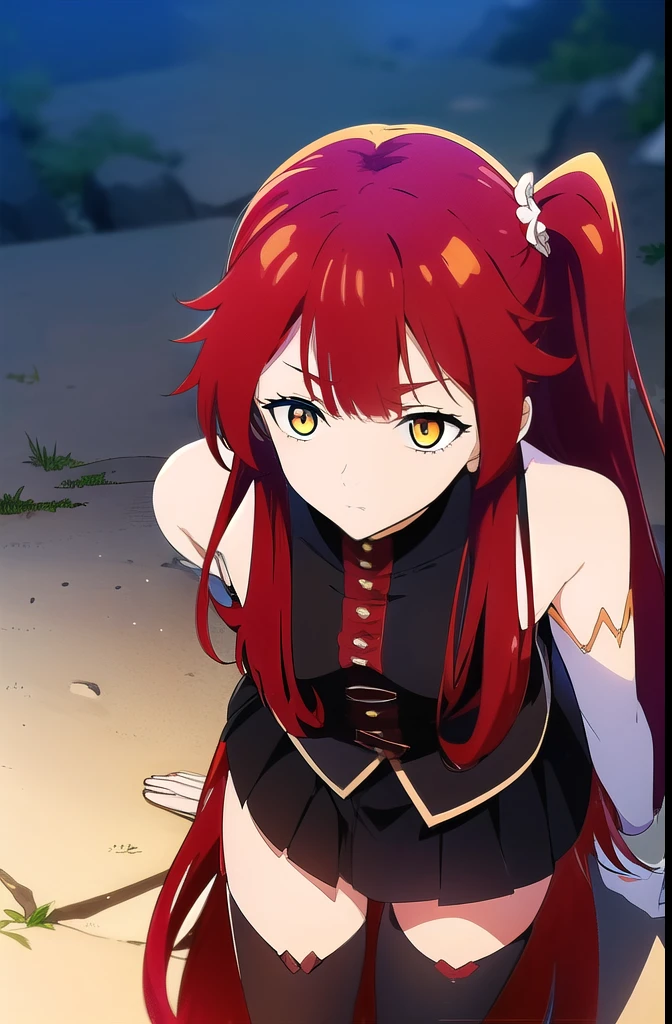 chenmotong, chen motong, Long hair, Red hair, (one side up:1.5), (Yellow eyes:1.5), Bangs, (Medium breasts:1.2),
rest gloves, have, skirt, Elbow gloves, black skirt, one side up, mini have, top have, mini top have,
rest looking at viewer,
rest outdoors,
rest (masterpiece:1.2), best quality, high resolution, Unity 8K wallpaper, (illustration:0.8), (Beautiful and delicate eyes:1.6), Extremely detailed face, Perfect lighting, Extremely detailed CG, (Perfect hands, Perfect anatomical structure),