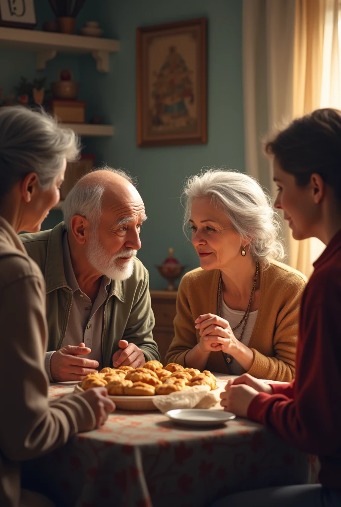 Generate me the photo with month and old parents, the middle age people are respecting them.