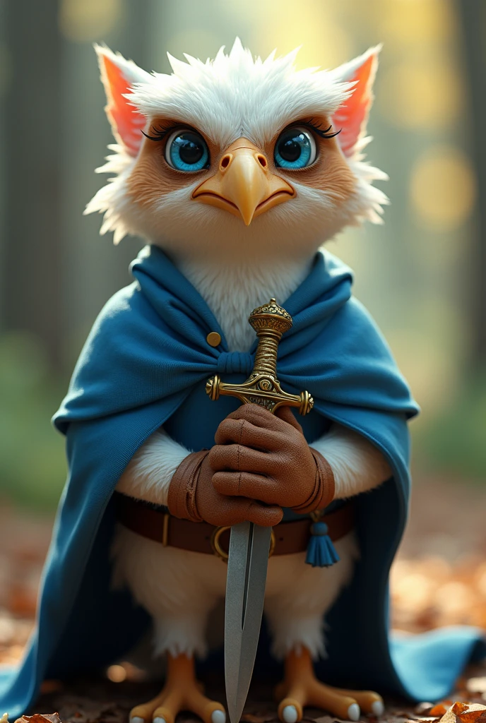XUER Pixar style,solo,looking at viewer,blue eyes,gloves,holding,standing,full body,weapon,belt,sword,cape,holding weapon,blurry,no humans,depth of field,blurry background,bird,holding sword,own hands together,feathers,knife,1other,brown gloves,fantasy,holding knife,dagger,blue cape,holding dagger,talons,beak,highly detailed,masterpiece,highest quality,highly detailed,ultra-high resolutions,32K UHD,best quality,masterpiece,rich colors,unconventional supreme masterpiece,masterful details,