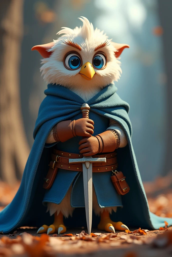 XUER Pixar style,solo,looking at viewer,blue eyes,gloves,holding,standing,full body,weapon,belt,sword,cape,holding weapon,blurry,no humans,depth of field,blurry background,bird,holding sword,own hands together,feathers,knife,1other,brown gloves,fantasy,holding knife,dagger,blue cape,holding dagger,talons,beak,highly detailed,masterpiece,highest quality,highly detailed,ultra-high resolutions,32K UHD,best quality,masterpiece,rich colors,unconventional supreme masterpiece,masterful details,