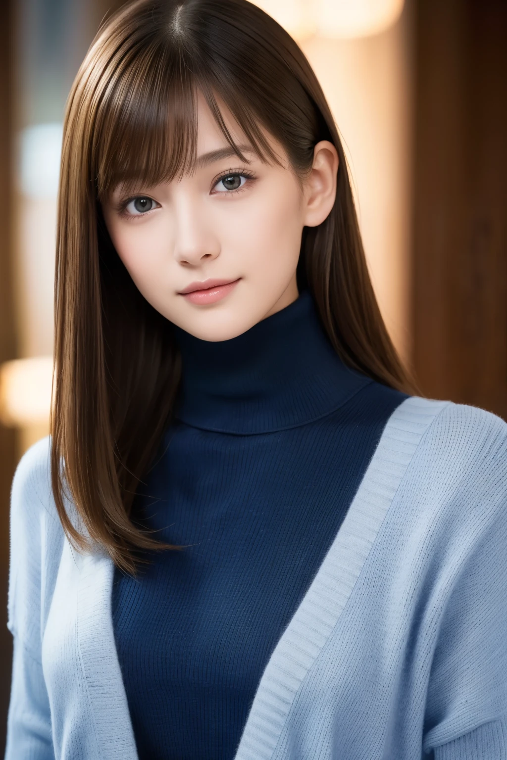 one 19 year old girl, (Light dark blue turtleneck sweater), Raw photo, highest quality, photorealistic, very delicate and beautiful, very detailed, 8K wallpaper, High resolution, soft light, very detailed目と顔, beautifully detailed nose, detailed and beautiful eyes, cinematic lighting, night city lights, perfect anatomy, slender body, well-shaped chest, straight hair, smile, asymmetrical bangs, light brown hair