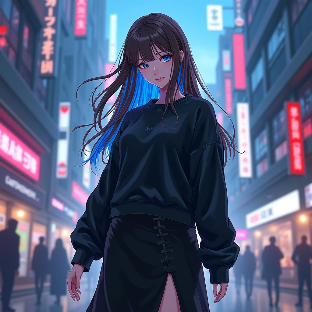 An anime character: A white woman with blue eyes. Your hair is long, brown with blue details. She wears a black sweatshirt and a black midi skirt.. Ao fundo, a cyberpunk setting full of neons.