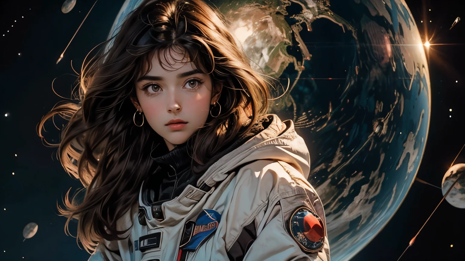 A beautiful woman. Dark brown hair. Twenty years old. She is looking at the camera with a serious expression. An image of outer space and four-dimensional space-time in the space behind her.