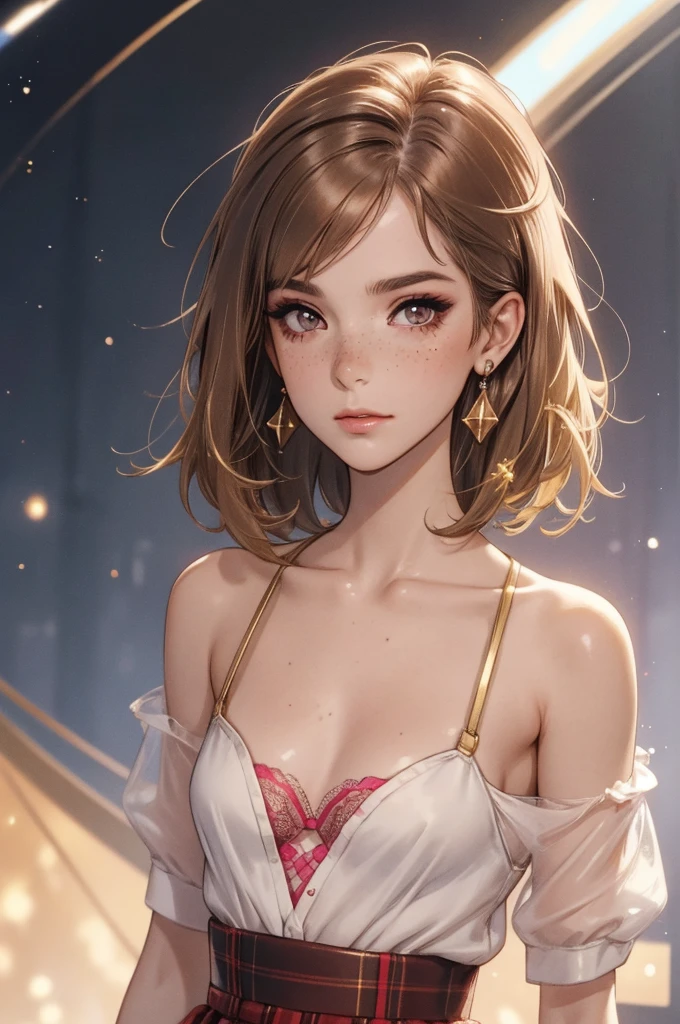 1girl,a beautiful fashion model ,(masterpiece, detailed background, best quality), shoulder length hair, short and shiny hair, brown hair, elegant makeup, dark makeup, earrings, pink eyeshadow, white shirt, red plaid skirt, gold bra and gold thong, brown eyes, wet skin, feigned shyness, small breasts, shiny breasts, under boob, slim waist, strap gap, leaning forward, bent over, (space cruise), freckles, mousey