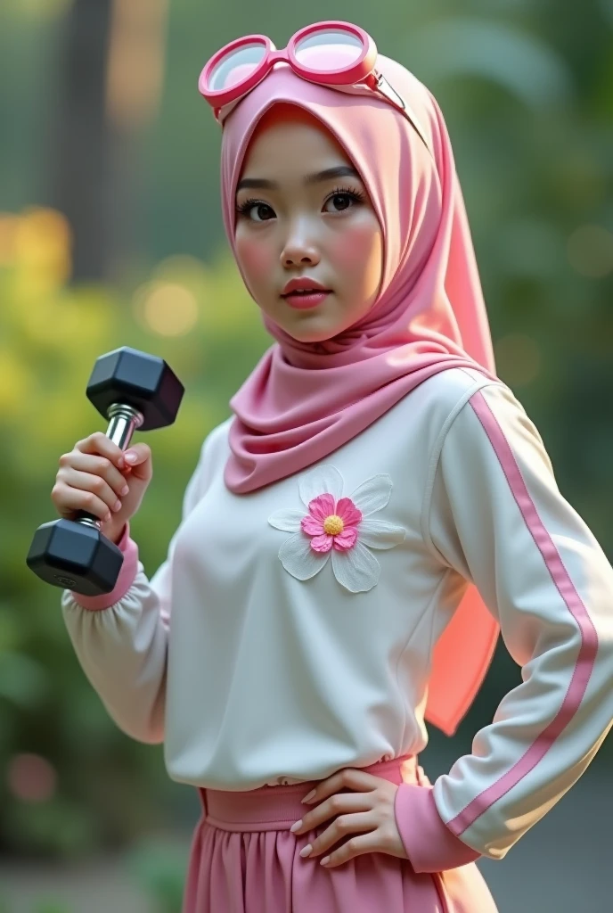 a realistic masterpiece. Human . 1girl wearing a hijab, detailed beautiful face, Hijab Muslim. Wear long sleeve moder design white pink stripe white, minimalist flower on shirt. . Wear pink white.small Safety Pink google spectacle top of the head rubber band. year old. Jump on and have a super strong power. One hand lifting the 50kg dumbbell. Bokeh background. At the garden. , detailed lips, long eyelashes. Hero, modest expression, delicate facial features, natural skin tones, hijab covering head and neck, detailed folds and textures of hijab, natural lighting, high quality, photorealistic, 8k, best quality. Malaysia girl. Mira filzah
