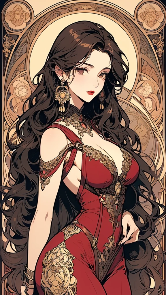 a beautiful attractive woman in body stocking suit, micro T-string , intricate chain jewelry suspenders, beautiful round breast, cleavage, chest press together ,medium long shot ,elegance pose, Intricate designs and patterns in the style of Alphonse Mucha ,Art Nouveau flowery background, black wavy hair,long earrings,red lipstick 