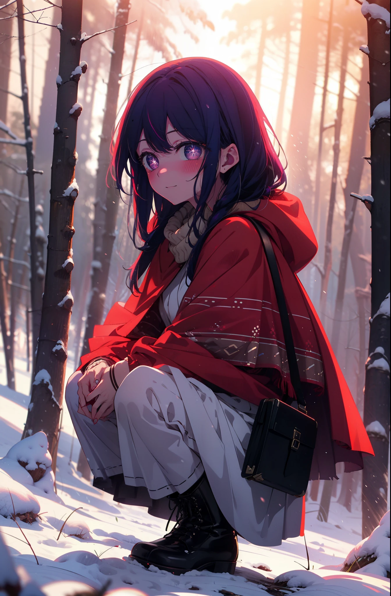 aihoshino, Ai Hoshino, Long Hair, bangs, (Purple eyes:1.1), Purple Hair, (Symbol-shaped pupil:1.5), smile,,smile,blush,white breath,
Open your mouth,snow,Ground bonfire, Outdoor, boots, snowing, From the side, wood, suitcase, Cape, Blurred, , forest, White handbag, nature,  Squat, Mouth closed, Cape, winter, Written boundary depth, Black shoes, red Cape break looking at viewer, Upper Body, whole body, break Outdoor, forest, nature, break (masterpiece:1.2), Highest quality, High resolution, unity 8k wallpaper, (shape:0.8), (Beautiful and beautiful eyes:1.6), Highly detailed face, Perfect lighting, Extremely detailed CG, (Perfect hands, Perfect Anatomy),