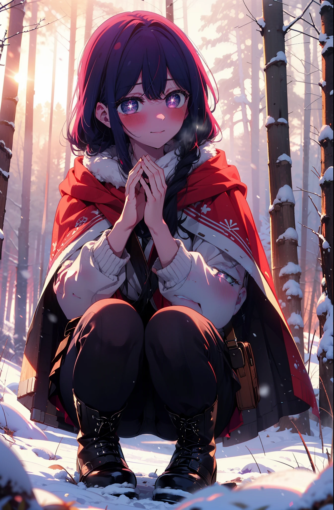 aihoshino, Ai Hoshino, Long Hair, bangs, (Purple eyes:1.1), Purple Hair, (Symbol-shaped pupil:1.5), smile,,smile,blush,white breath,
Open your mouth,snow,Ground bonfire, Outdoor, boots, snowing, From the side, wood, suitcase, Cape, Blurred, , forest, White handbag, nature,  Squat, Mouth closed, Cape, winter, Written boundary depth, Black shoes, red Cape break looking at viewer, Upper Body, whole body, break Outdoor, forest, nature, break (masterpiece:1.2), Highest quality, High resolution, unity 8k wallpaper, (shape:0.8), (Beautiful and beautiful eyes:1.6), Highly detailed face, Perfect lighting, Extremely detailed CG, (Perfect hands, Perfect Anatomy),