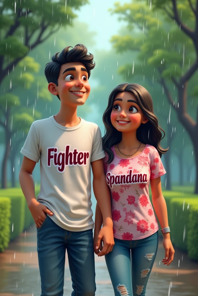 a Indian couples younger age under , walking in park , rain weather both hands in shoulder enjoying rain
the boy is wearing a white printed shirt , the girl with pink white mix printed shirt and without in shirt,stylish and boy name with "FIGHTER" small written on it's back , girl name with "SPANDANA" small written on it's back , in big and bold fonts, 3d illustration