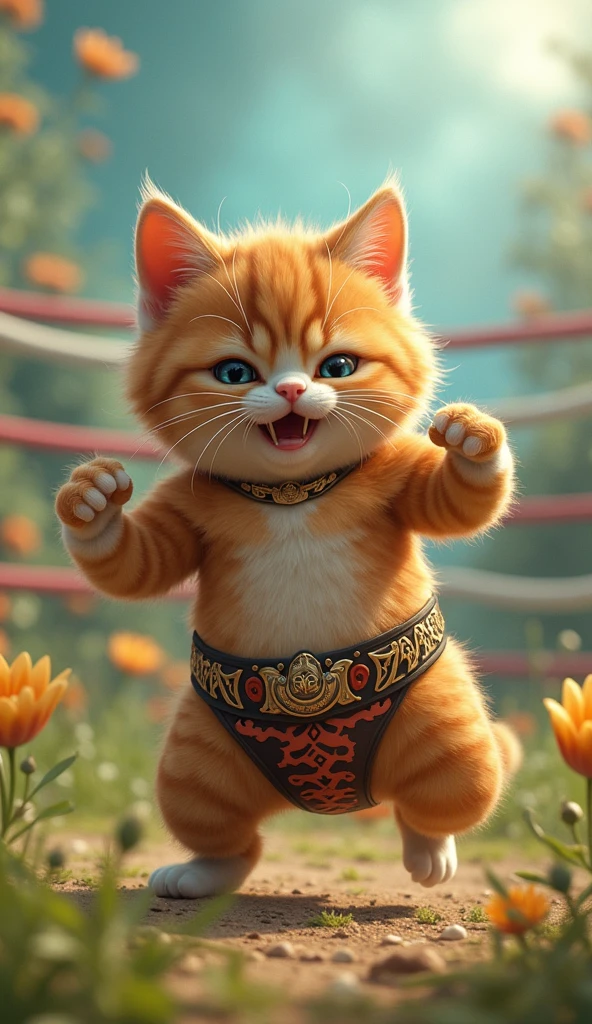 cute cat pro wrestler, Clear picture quality, eight,Short and cute legs, During a professional wrestling match, fantasy meadow background, sharp eyes
