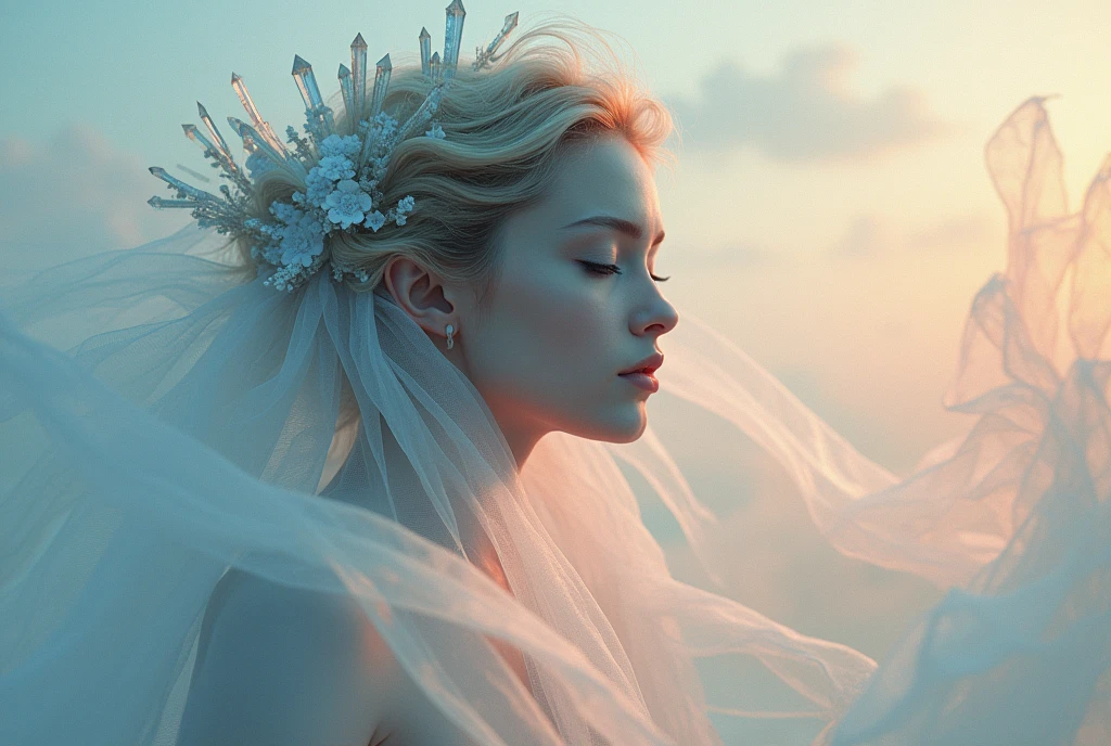Abstract style hauntingly ethereal portrait of a mysterious figure draped in translucent fabric, crystals adorning their hair, amidst a dreamlike swirl of pastel hues and soft light, evoking a sense of calm serenity and elusive beauty, high detail, award winning masterpiece with incredible details . Non-representational, colors and shapes, expression of feelings, imaginative, highly detailed