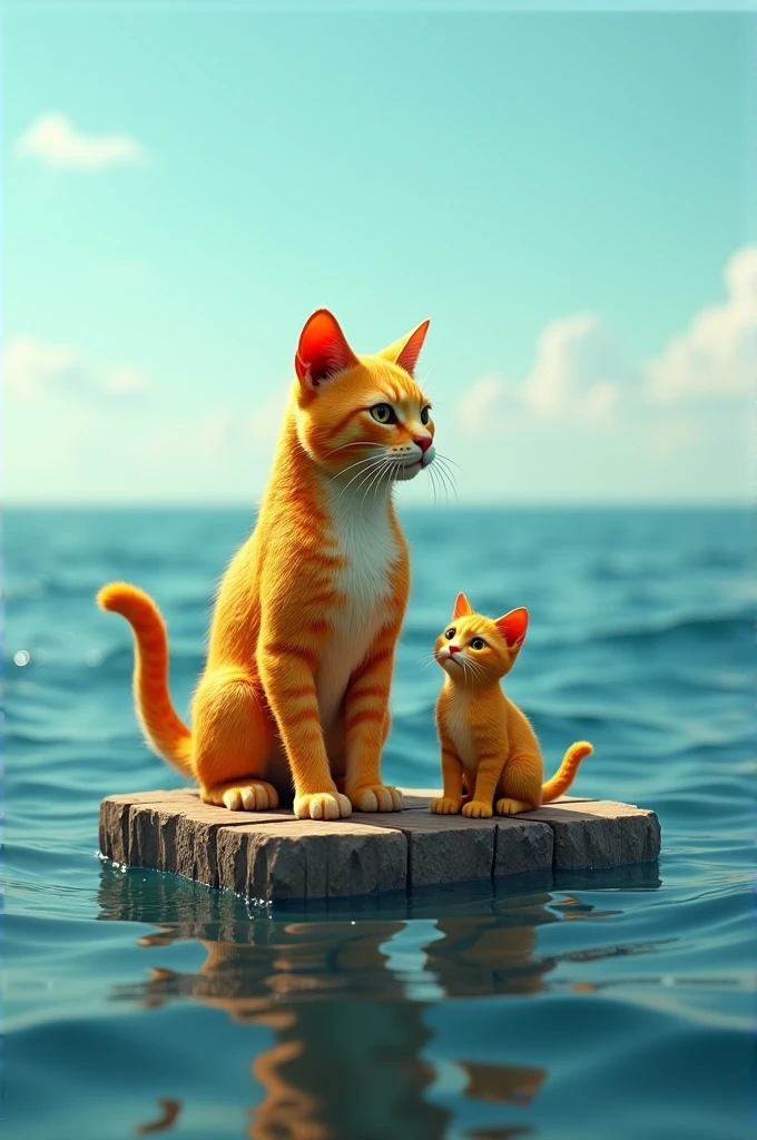 A 3D render in 4K clarity of the yellow-colored bodybuilder cat and the small yellow cat standing on a board in the middle of the ocean.