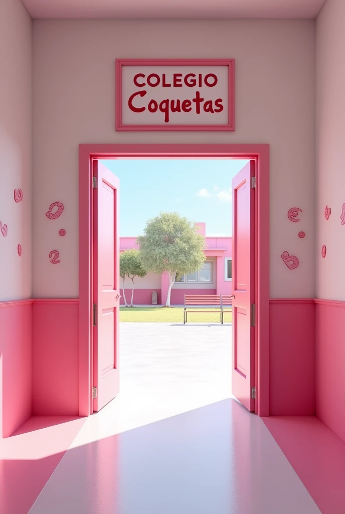 (photorealism:1.2)
In a pink and white classic school hallway, At the end of the hallway there's a pink big school open door that leads to the school inside yard, A sign that reads the words "Colegio Coquetas" is over that door, and many drawings of 💋 can be seen on the walls, outside there are pink school yard benches. It is empty outdoor. There's a stair way that leads to the second floor at left hand inside the hallway. There's no green nature outside, only white and pink painted concrete.
View: Over the shoulder perspective photo,
high resolution, masterpiece, best quality, intricate details, highly detailed, Hiperrealistic