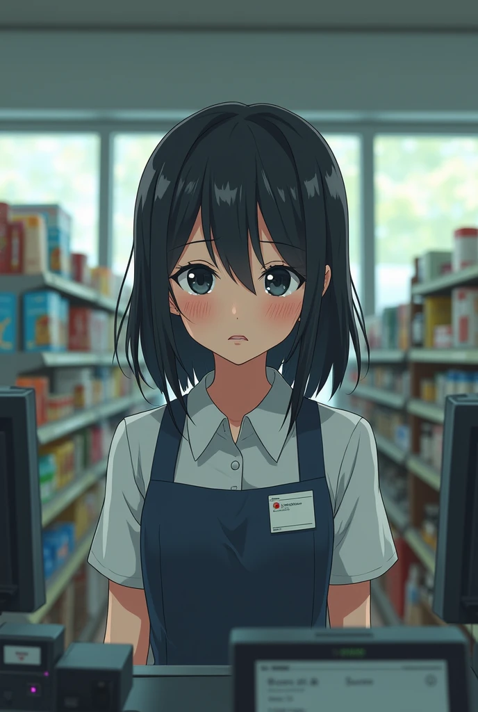 Cashier supermarket anime girl despresion face