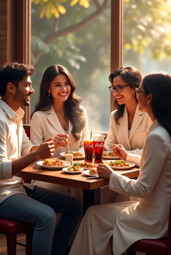 2 mens and 2 womens meet in a restaurant and eat momos and chili potatoes and drink coca cola, the men is wearing a white shirt and jeans and white shoes and the women is wearing a white Indian suit, only white suit girl wearing spec.