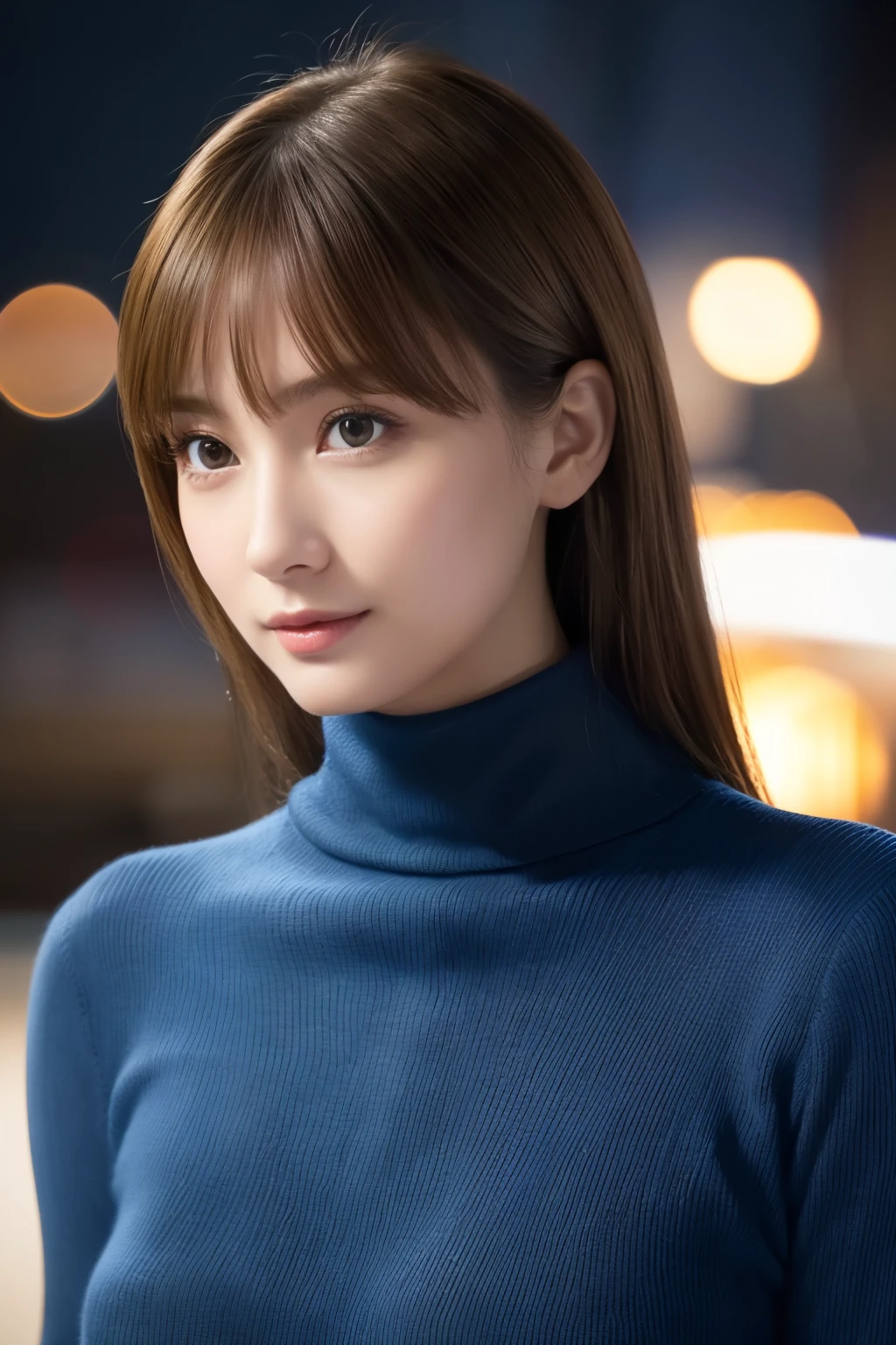 one 19 year old girl, (Light dark blue turtleneck sweater), Raw photo, highest quality, photorealistic, very delicate and beautiful, very detailed, 8K wallpaper, High resolution, soft light, very detailed目と顔, beautifully detailed nose, detailed and beautiful eyes, cinematic lighting, night city lights, perfect anatomy, slender body, well-shaped chest, straight hair, smile, asymmetrical bangs, light brown hair