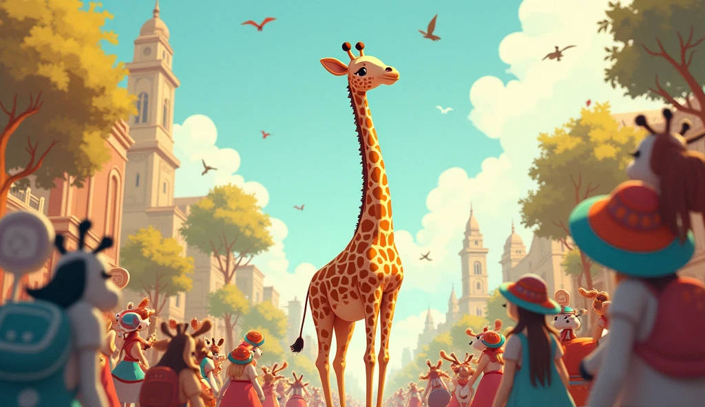 Here comes the giraffe, so tall and slim,
With a neck that stretches up to the rim.
He’s peeking around with a gentle grace,
Join the parade, let’s pick up the pace!
