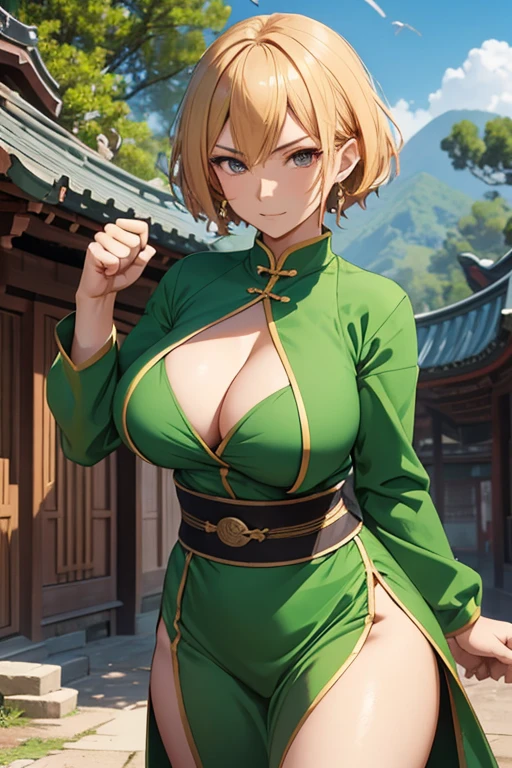 (anime) adult woman, martial artist, monk, green chinese short dress with dragon pattern, chesnut hair, temple background, big breasts, cleavage, hands with 5 fingers, (punching), (wind around fists), camera angle from above