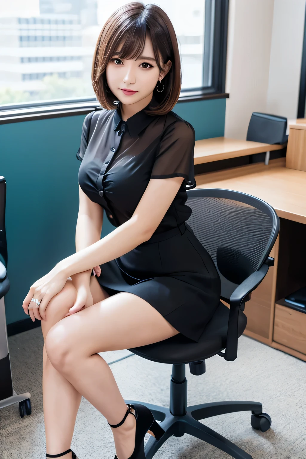 (Only 1 person)、 full body portrait、Japanese office girl、Sexual charm、High heels、black、Outstanding body、Blouse with a fluttering chest、Professional portrait photography、Beautiful legs、Full body photo、Ultra mini skirt、office Street、Short bob with slightly long bangs、Large Breasts、Too much exposed skin、Her blouse is transparent and her bra is visible、Pose of sitting on a chair and crossing legs