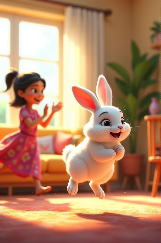 The rabbit, now full of energy, jumps around Radha’s living room playfully. Radha claps and laughs as the rabbit hops around in joy. The room is bright and cheerful, with sunlight streaming in through a window.