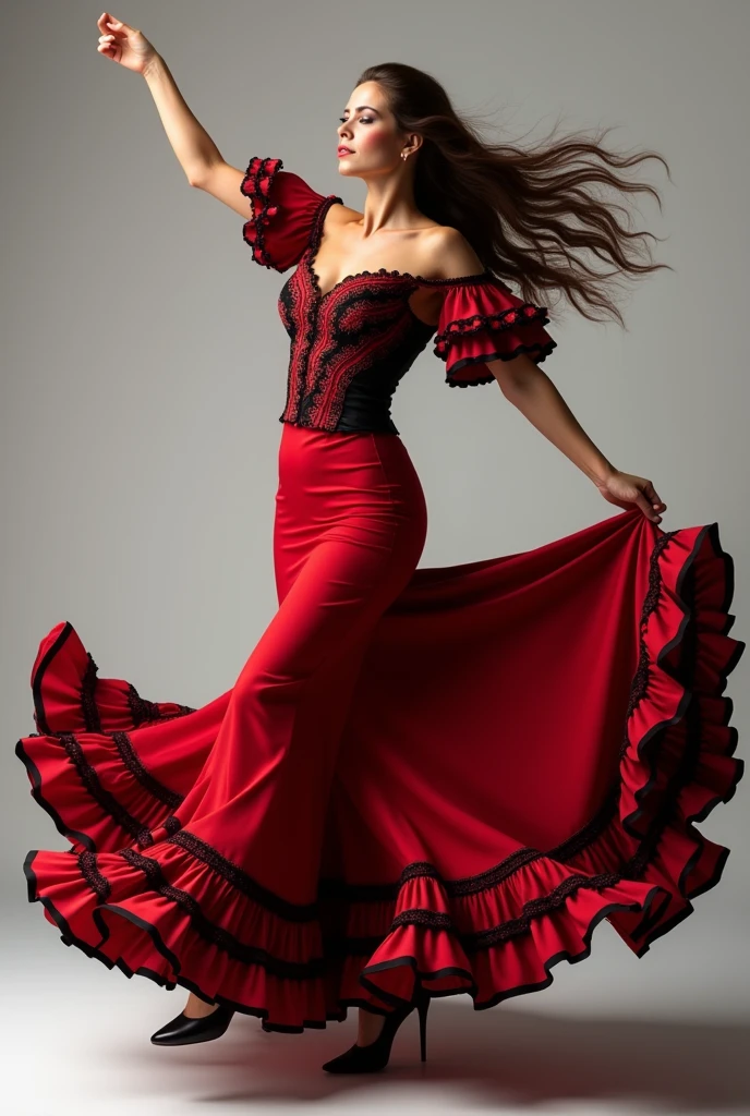 A beautiful 42 year old woman, long brown hair, flamenco dancer, red and black dress, flamenco shoes, full body shot